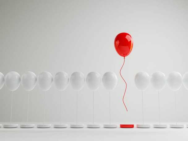 Roter Luftballon, der aus weißen Ballons aufsteigt, die auf weißem Hintergrund an der Plattform befestigt sind, Leistung, die von der Menge für unterschiedliches Denken, Störungen und Führung durch 3D-Rendering herausragt. - Foto, Bild