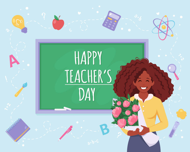 Happy teacher's day. Black female teacher with flowers in classroom. Vector illustration - Vector, Image