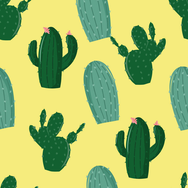 Patrón sin costuras con varios cactus, textura brillante con cactus verdes, dibujo a mano en estilo de dibujos animados, ilustración elegante y simple, fondo con plantas del desierto, impresión vectorial para imprimir ropa de cama - Vector, imagen