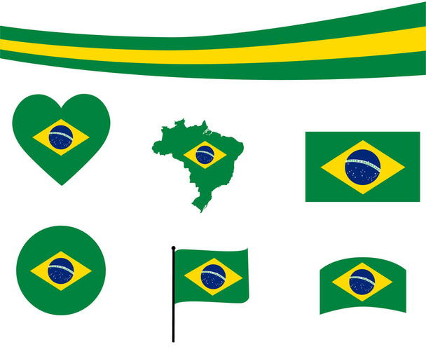 Brazilië Vlag Kaart Lint en Hart Pictogrammen Vector Illustratie Abstract Nationaal embleem Design Elementen collectie - Vector, afbeelding
