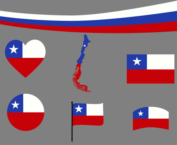 Chili Vlag Kaart Lint en Hart Pictogrammen Vector Illustratie Kort Nationaal embleem Ontwerp Elementen collectie - Vector, afbeelding