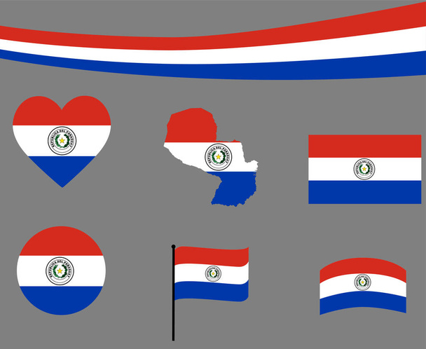 Mapa de la Bandera de Paraguay Iconos de Cinta y Corazón Vector Ilustración Abstract National Emblem Design Elements collection - Vector, Imagen