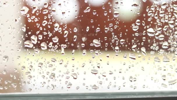 Krople deszczu na szkle. Okno w deszczowy dzień. Zwilżyć szkło dużymi kroplami wody lub deszczu. - Materiał filmowy, wideo