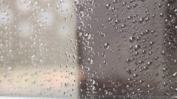 Regentropfen auf Glas. Fenster an einem regnerischen Tag. Befeuchten Sie das Glas mit großen Tropfen Wasser oder Regen. - Filmmaterial, Video