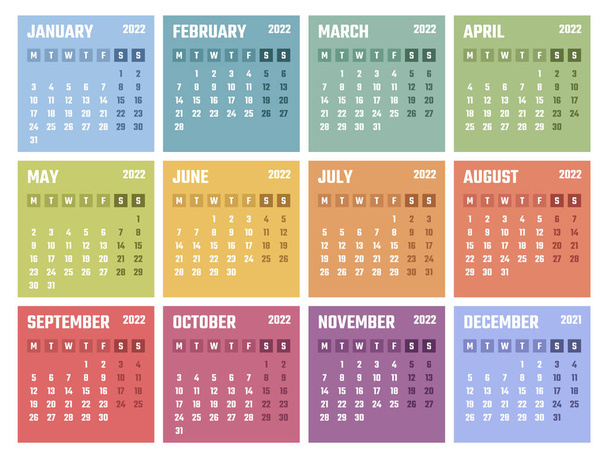 2022 year calendar, calendar design for 2022 starts monday - Vektori, kuva