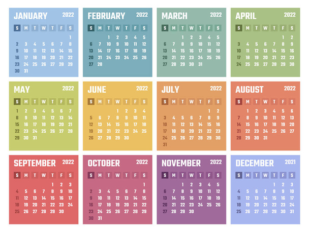 2022 year calendar, calendar design for 2022 starts sunday - Wektor, obraz
