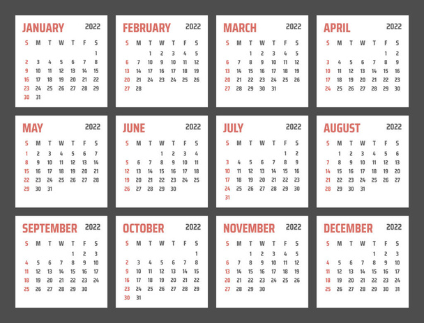 2022 year calendar, calendar design for 2022 starts sunday - Vector, afbeelding