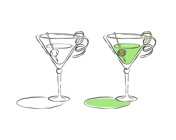 Два типа бокала мартини. Пьющий элемент. Черно-белый и цветной объект. Виноградный напиток с оливками на шампуре. Ручной рисунок. Изолированная иллюстрация на белом фоне в стиле гравировки - Вектор,изображение