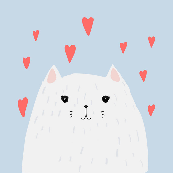 White fat cat in love with red hearts. Romantic t shirt, card design. Vector illustration of adorable kitty. - Vecteur, image