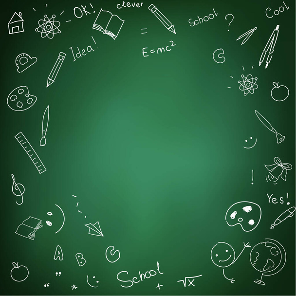 Green school chalkboard with hand drawn doodle pictures. Back to school design. Vector Illustration of class blackboard. - Vector, afbeelding