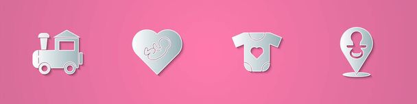 Set papier coupé Toy train, bébé à l'intérieur du cœur, vêtements et icône de sucette factice. Style art du papier. Vecteur - Vecteur, image