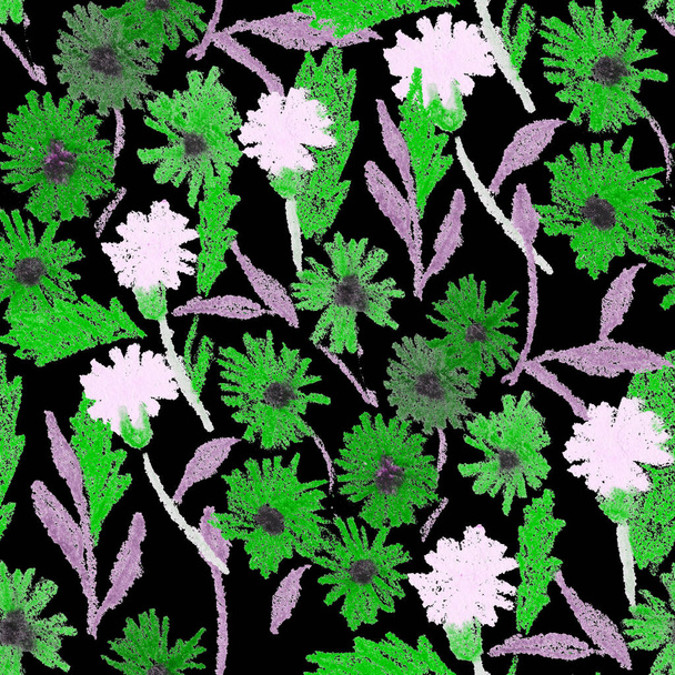 Creative seamless pattern with abstract flowers drawn with wax crayons. Bright colorful floral print. - Foto, Imagen