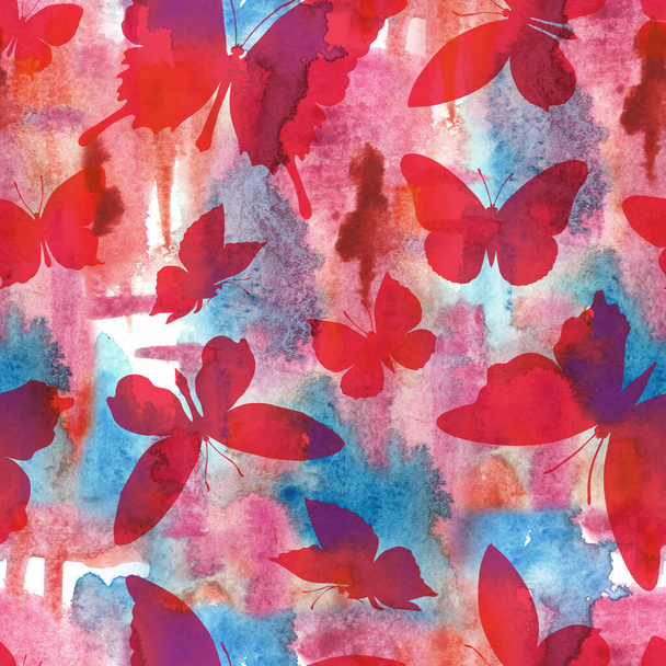 Seamless pattern of silhouettes of butterflies and watercolor strokes in red and blue tones. Insect print for fabric and other surfaces. - Fotoğraf, Görsel