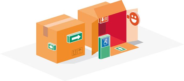 Small town of boxes. Urban packaging made with boxes and signs. Vector illustration of roads, highways and signs in the middle of the city of boxes. - Wektor, obraz