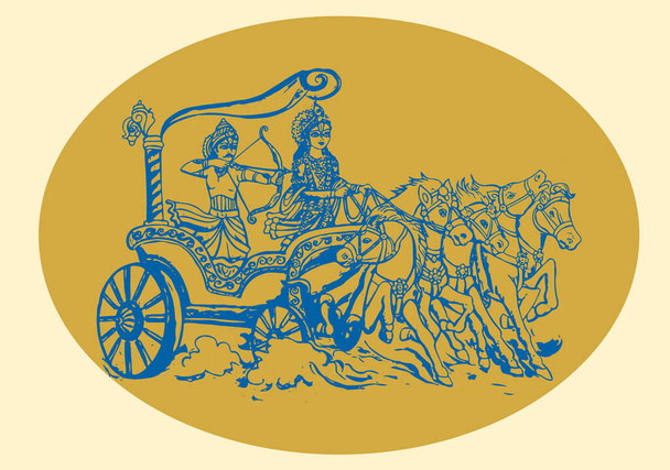 Disegno o schizzo di Lord Krishna e Arjuna in un carro a cavallo e scene della guerra Kurukshetra nell'epopea indù Mahabharat illustrazione di contorno modificabile - Vettoriali, immagini