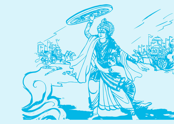 Dibujo o boceto del Señor Krishna y Arjuna en un carro de caballos y escenas de la Guerra Kurukshetra en la epopeya hindú Mahabharat ilustración de contorno editable - Vector, imagen