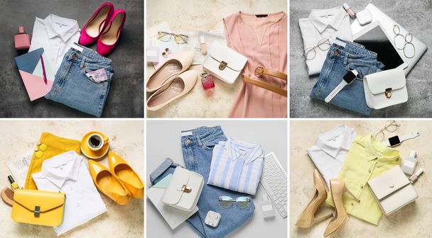Set of stylish clothes and accessories of modern businesswoman - 写真・画像