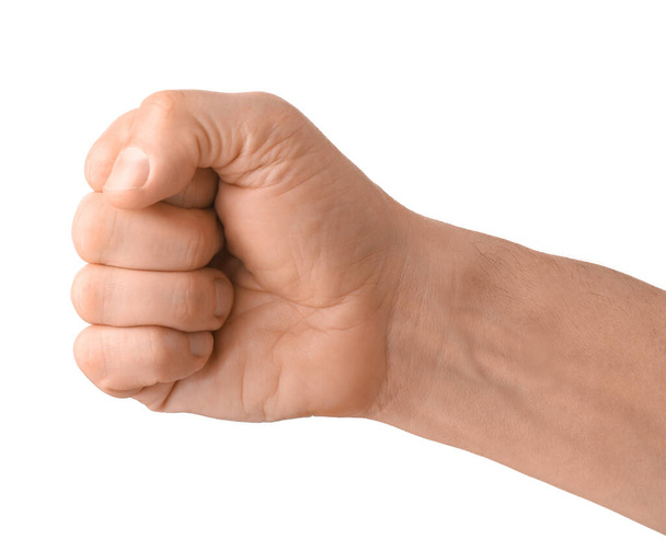Сжатый мужской кулак на белом фоне - Фото, изображение