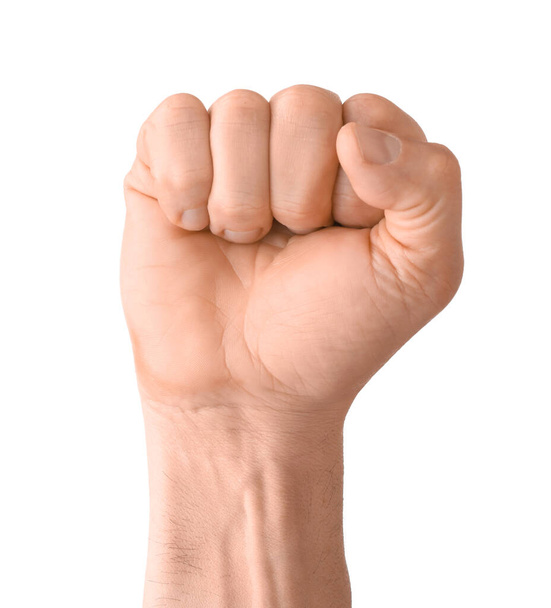 Сжатый мужской кулак на белом фоне - Фото, изображение