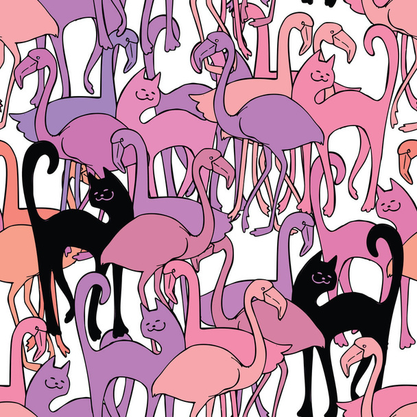 Vector seamless texture with pink flamingos and cats - Vektor, kép