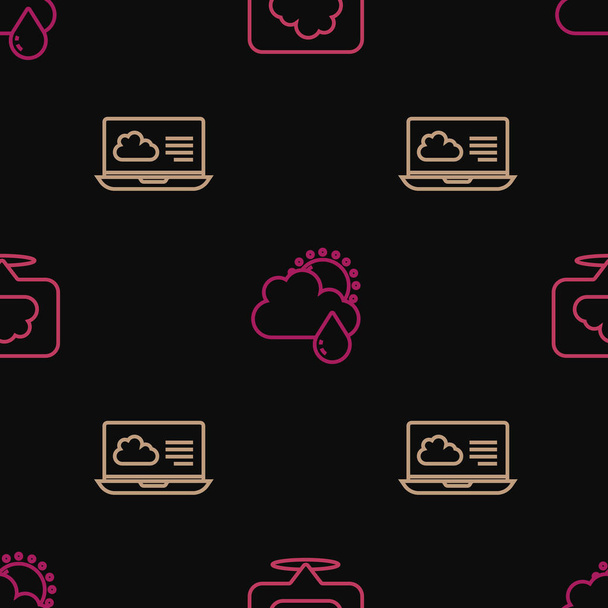 Set line Location cloud, Weather forecast and Cloud with rain and sun on seamless pattern. Vector - Vector, Image