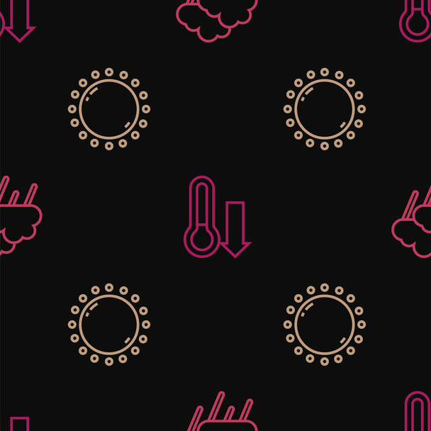 Set line Cloud with rain, Sun and Meteorology thermometer on seamless pattern. Vector - Vector, Image