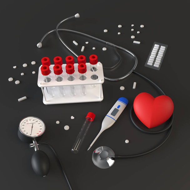 Stéthoscope, coeur de jouet rouge, tonomètre, thermomètre, éprouvettes, pilules sur fond sombre. Rendu 3d - Photo, image