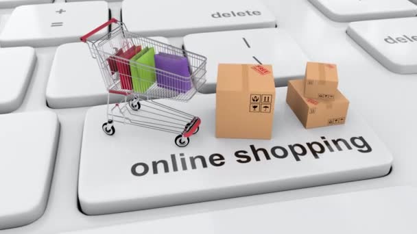 Ostokset verkossa internetin kautta ostoskärry täynnä ostoskassi ja laatikot - Materiaali, video