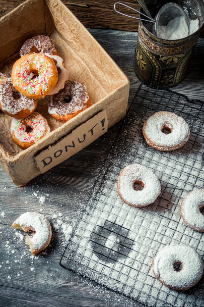 Tasting sweet donuts with icing sugar - 写真・画像