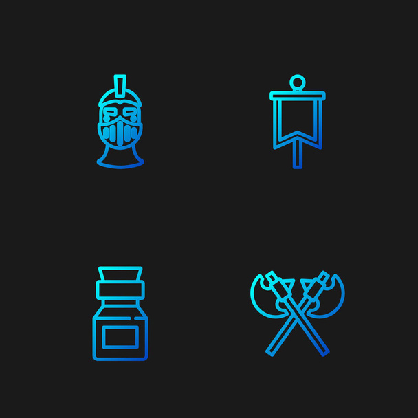 Set line Crossed medieval axes, Poison in bottle, Medieval iron helmet and flag. Gradient color icons. Vector - Vector, Image