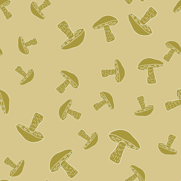 Botanische herfst naadloos patroon met willekeurige Leccinum scabrum champignon groene print. Beige achtergrond. Voorraadillustratie. Vector ontwerp voor textiel, stof, cadeaupapier, wallpapers. - Vector, afbeelding