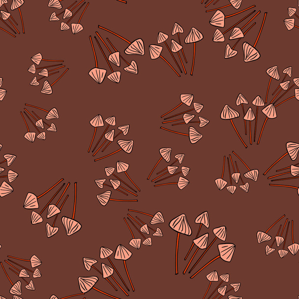 Fall food seamless pattern with forest random psilocybe semilanceata mushroom silhouettes. Maroon background. Stock illustration. Vector design for textile, fabric, giftwrap, wallpapers. - Vector, Imagen