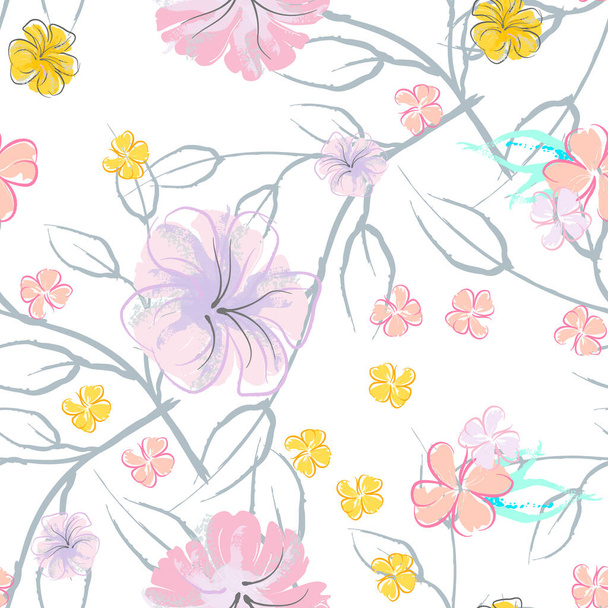 Pink Flowers Blooming Pattern. Pastel Watercolor Floral Print. Little Pink, Yellow, Lilac flower on grey leaf. Elegant brush Background. Seamless Botanical Vector Surface. Texture For Fashion Prints. - Vector, afbeelding
