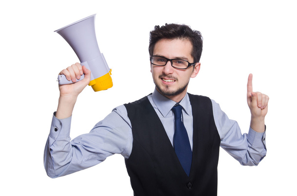 Young businessman with loudspeaker on white - Photo, Image