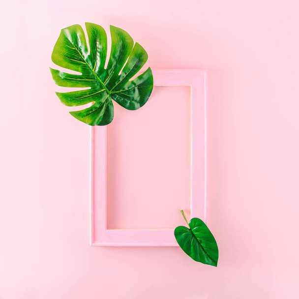 Gentle pink wooden frame with space for text. A green monster leaf on it. Minimal aesthetics on pink backgrounds. - Фото, изображение