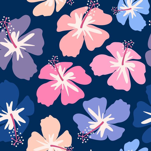 mignon dessin à la main illustration vectorielle abstraite sans couture avec des fleurs d'hibiscus colorées sur fond bleu - Vecteur, image