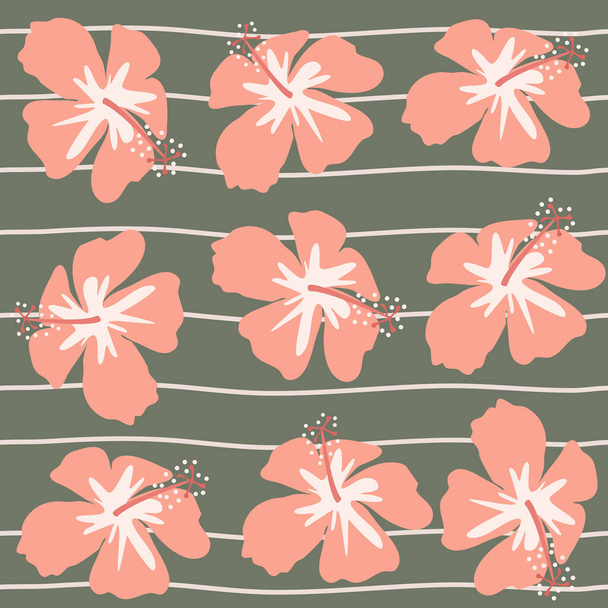 cute hand drawn abstract seamless vector pattern illustration with pink hibiscus flowers on striped green background - Vecteur, image