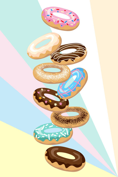 Set de rosquillas con glaseado, espolvoreado, chocolate blanco y negro. Donut sobre fondo colorido. Estilo de dibujos animados. Ilustración vectorial. - Vector, Imagen