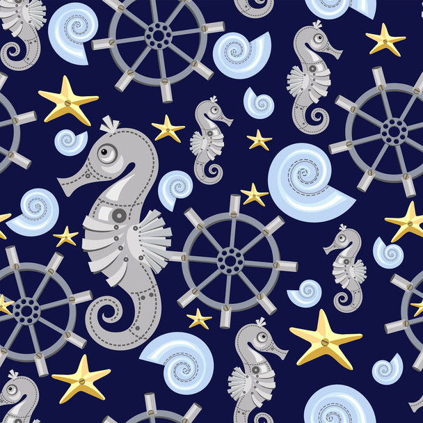 Seamless pattern of abstract sea horses, starfish, shell, steering wheel. Fantastic mechanical metal sea creatures on dark background. Steampunk style. Flat cartoon design. Vector illustration. - Vector, Image