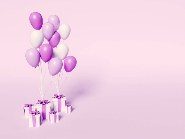 Ilustracja 3D. Pudełka z kolorowymi balonami. - Zdjęcie, obraz