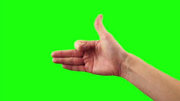 Close-up weergave van vrouwelijke hand toont een teken van blaffende hond op een groen scherm achtergrond - Video