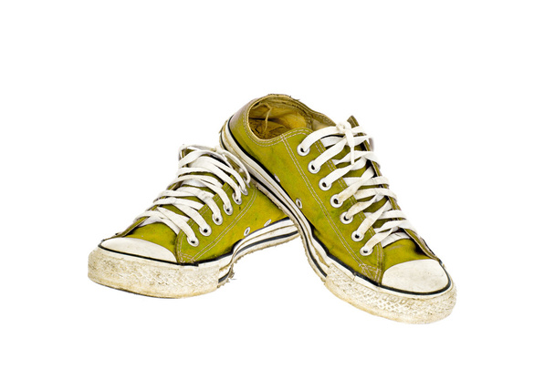 白い背景のヴィンテージ イエロー グリーン靴 - 写真・画像