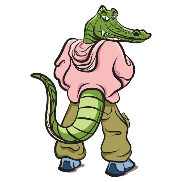Ανθρωπομορφικά ζώα. Άνθρωπος με κεφάλι αλιγάτορα που φοράει χιπστερικά ρούχα. Cool Crocodile Character φορώντας πουλόβερ Baggy παντελόνι και παπούτσια. Ανθρωπομορφισμός. Ζώα ντυμένα σαν άνθρωποι.  - Διάνυσμα, εικόνα