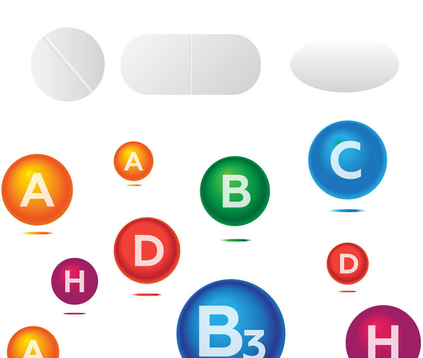 Изолированные белые таблетки, антибиотики или наркотики. Витаминные таблетки, капсульные таблетки и обезболивающие - Вектор,изображение