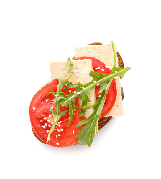 Tasty bruschetta with tomato and tofu cheese on white background - Photo, Image