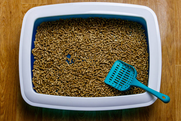 Boîte à litière pour chat avec remplissage et cuillère sur le sol - Photo, image