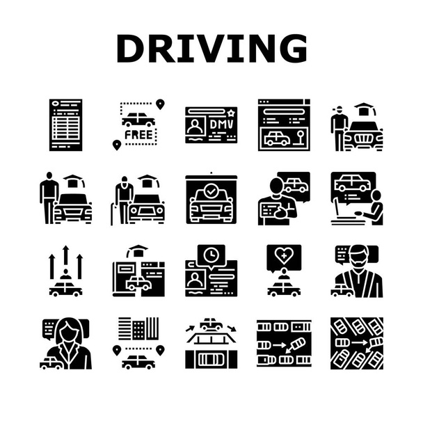 Driving School Lesson Collection Ikonok beállított vektor - Vektor, kép