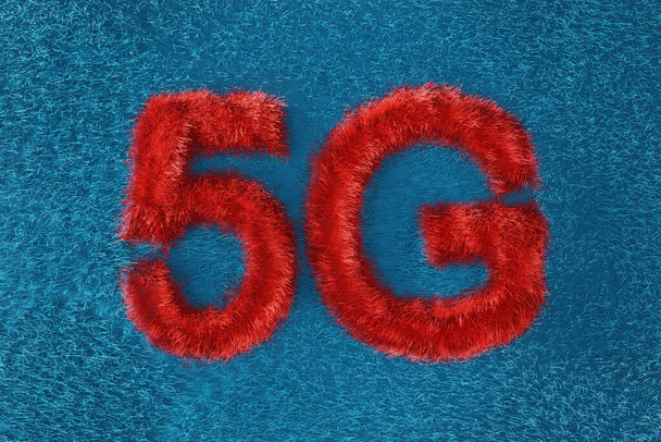 5G red lettering on a blue background, fluffy letters and numbers on a light blue background, the fifth generation of mobile communications, technological illustration, 3d rendering - Foto, afbeelding