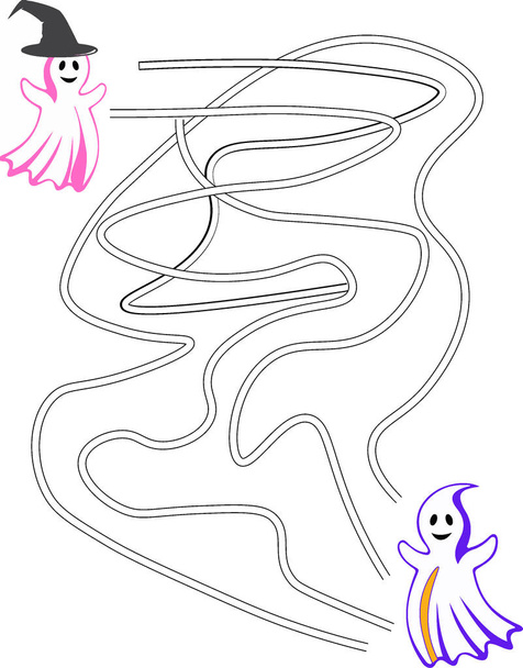 Halloween gra labirynt dla dzieci.zabawy edukacyjne przerażające postaci tematyczne labirynt Puzzle Gry dla dzieci Ilustracja, nadaje się do gier, druk książki, aplikacje, edukacja.Ghost, pająk i miotła - Zdjęcie, obraz
