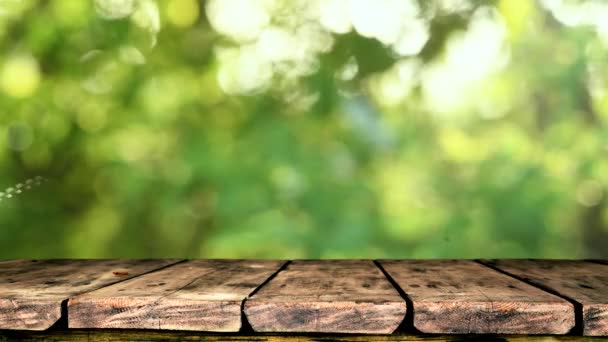Empty wooden table with fresh green defocused background - Filmagem, Vídeo